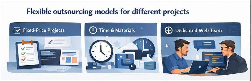Outsourcing process steps: briefing, audit, onboarding, sprints, support